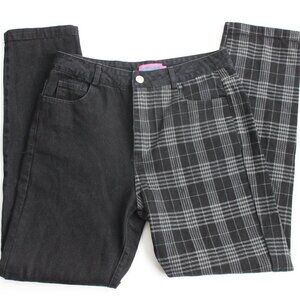 Edikted Half Black Denim Plaid 90s Grunge Streetwear Straight Leg Pants - Size M